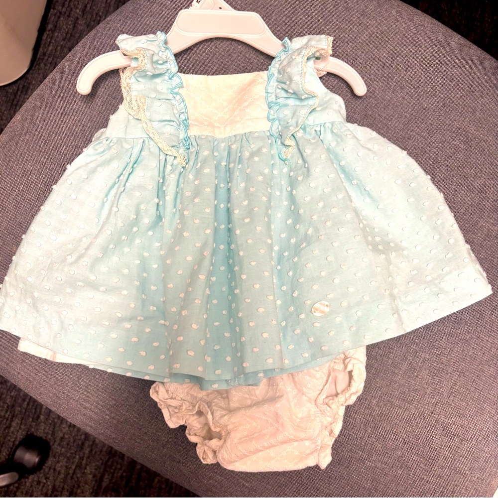 Martin Aranda 9 mo dress and bloomers.  Teal Swiss dot.  So cute!